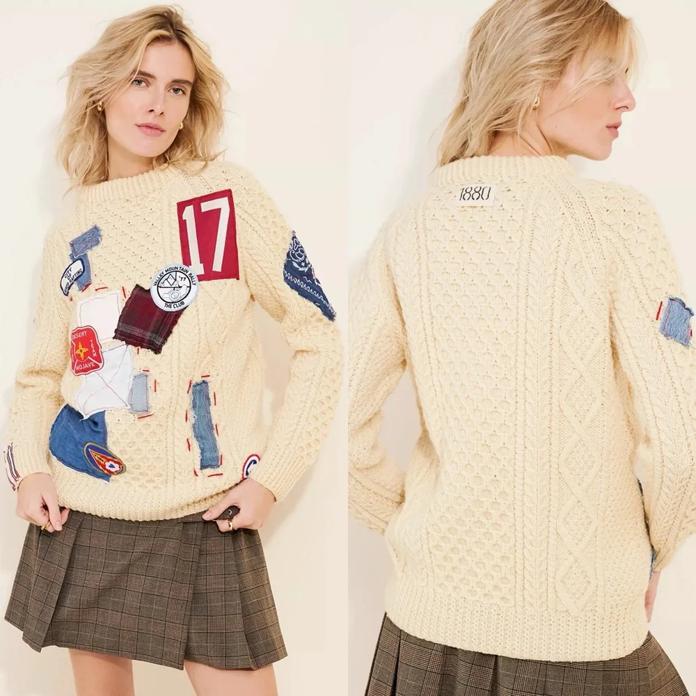 Free People Riley Vintage Patched Wool Blend Crewneck Sweater